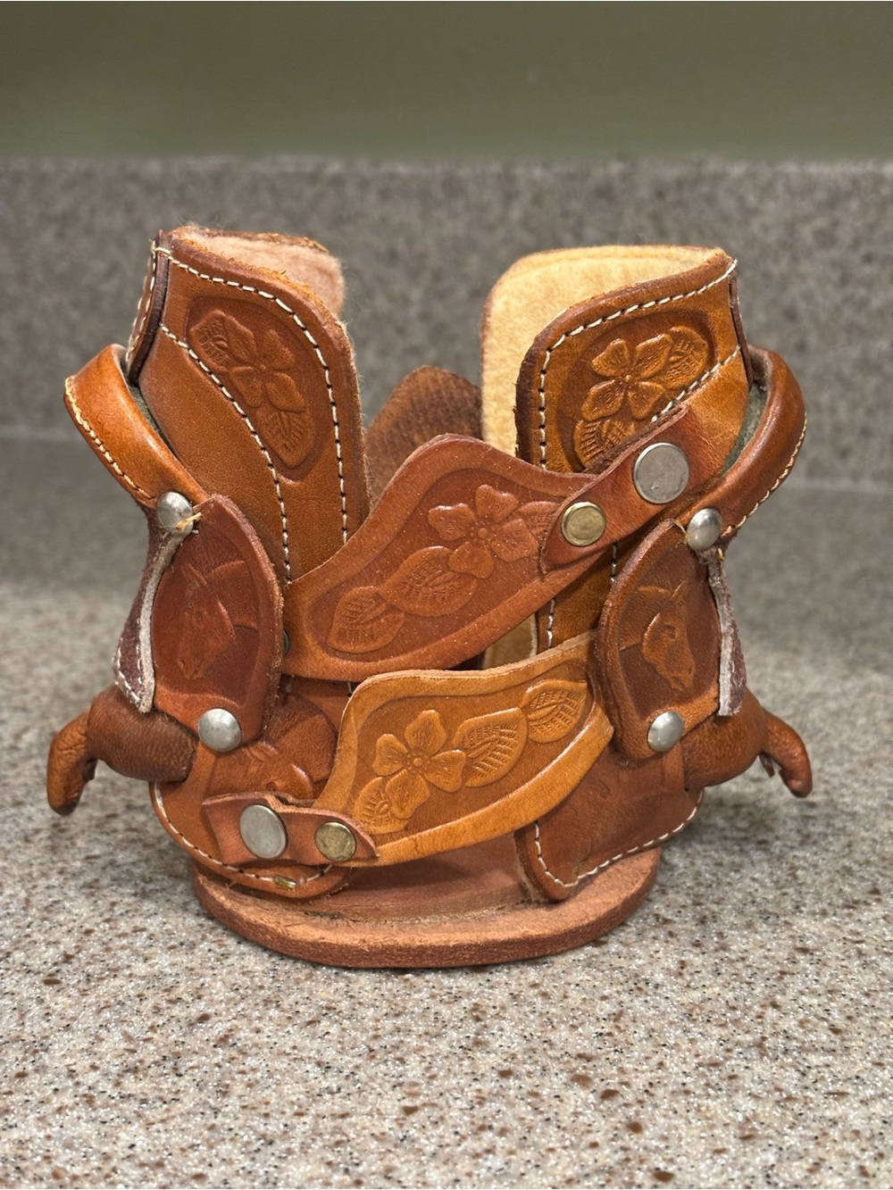 Vintage leather saddle koozie can holder cowboy equestrian theme barware